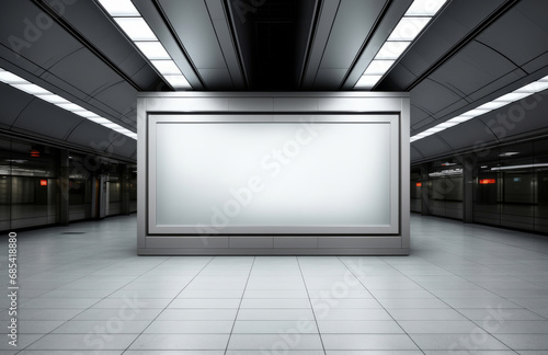 Screen, mockup space and advertising billboard, commercial product or logo design in subway Empty poster for brand marketing, multimedia and communication with announcement, and banner, indoors