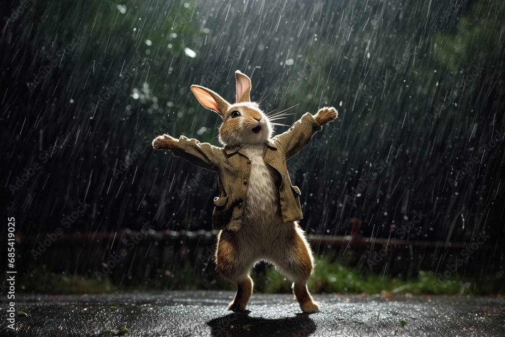 Rabbit dancing in the rain - obrazy, fototapety, plakaty 