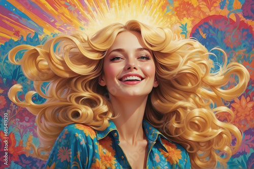 Illustration of a joyous and radiant fair-haired woman from the psychedelic era of the 1970s. The colors burst with vibrancy, revealing a vivid palette of psychedelic hues.