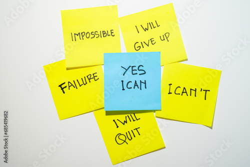 Motivational words for personal development, yes I can, inspirational handwriting on sticky notes