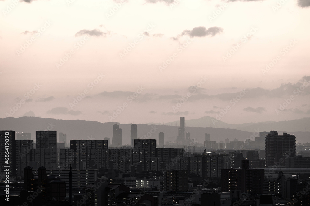 Fototapeta premium 夜明け前の都市。神戸の高台から神戸・大阪のビル群と大阪湾をのぞむ