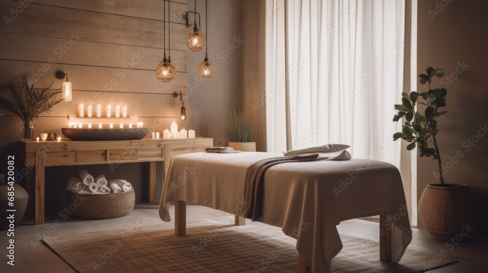 Massage table. Stylish room interior with massage table in spa salon, 3d render. Decor concept. Real estate concept. Art concept. Design concept. Interior concept.