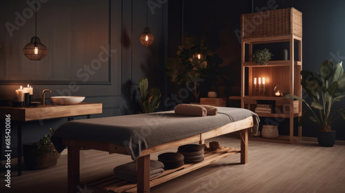 Massage table. Stylish room interior with massage table in spa salon, 3d render. Decor concept. Real estate concept. Art concept. Design concept. Interior concept.
