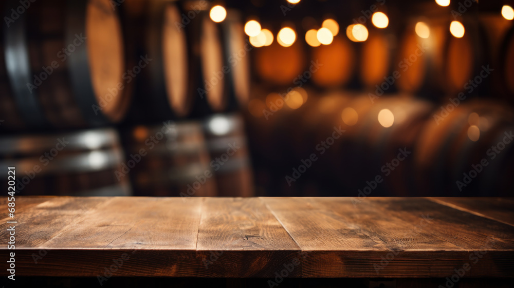 Empty old wood table on blurred wine cellar background, vintage desk in room with barrels and lights. Wooden casks in storage of winery. Concept of design, vineyard, product - obrazy, fototapety, plakaty 