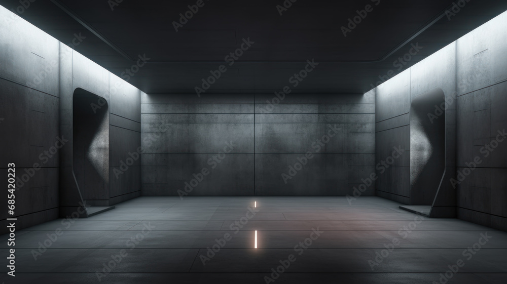 Dark concrete room background, empty futuristic warehouse with low light. Abstract modern hall like garage with gray walls. Concept of industry, parking, factory, interior, hangar