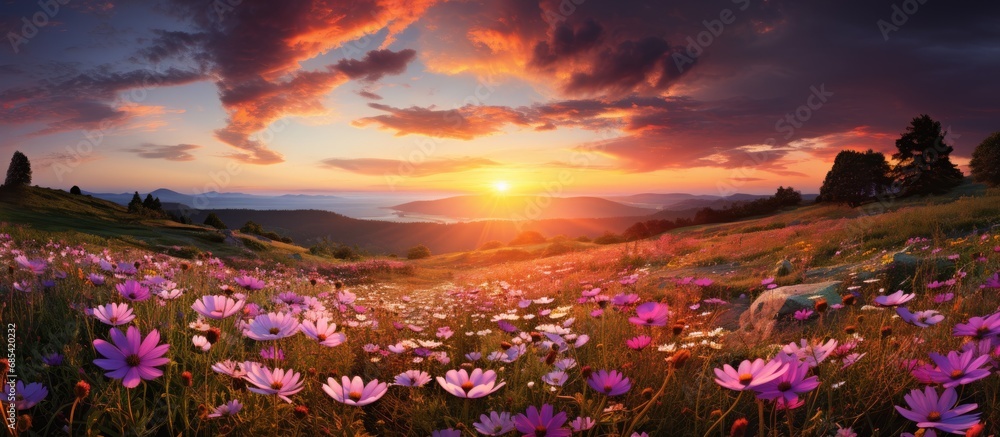 Summer sunset over an old meadow of wildflowers - obrazy, fototapety, plakaty 