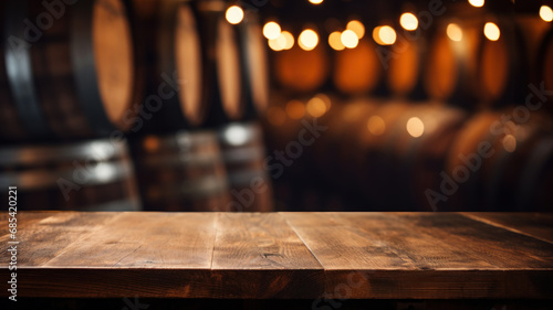 Empty old wood table on blurred wine cellar background, vintage desk in room with barrels and lights. Wooden casks in storage of winery. Concept of design, vineyard, product photo