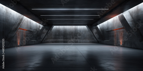 Dark concrete garage background, interior of empty gray warehouse. Perspective of abstract modern hall like underground parking, hangar with low light. Concept of industry, room