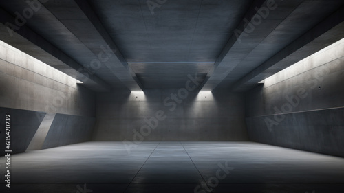 Empty concrete garage background, abstract interior of gray warehouse. Modern industrial room like underground parking or hangar with low light. Concept of studio, factory, hall photo