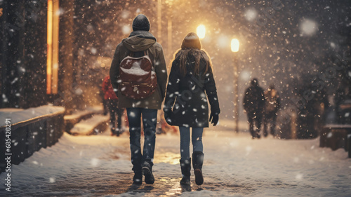 young couple boy and girl walking down the sidewalk during winter when it is snowing outside photo