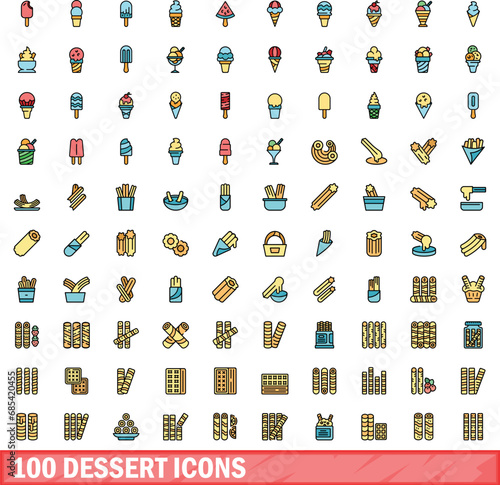 100 dessert icons set. Color line set of dessert vector icons thin line color flat on white