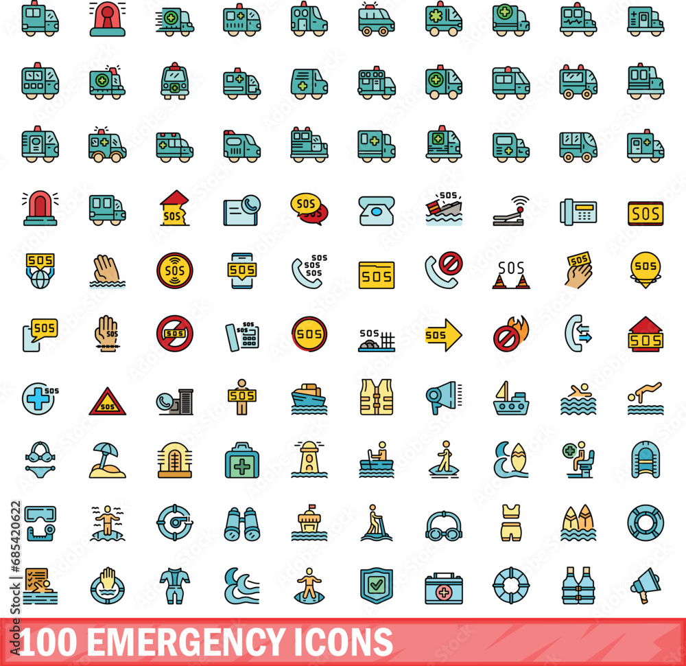 100 emergency icons set. Color line set of emergency vector icons thin line color flat on white 100 emergency icons set. Color line set of emergency vector icons thin line color flat on white
