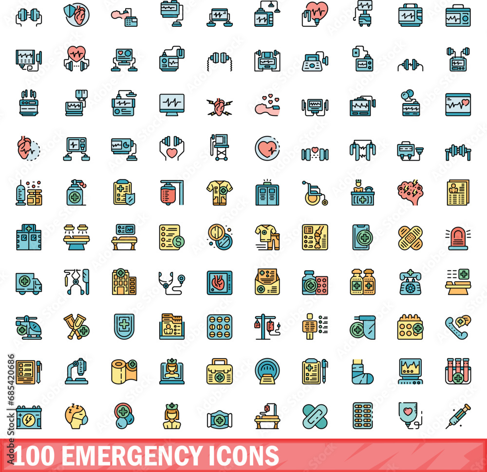100 emergency icons set. Color line set of emergency vector icons thin line color flat on white 100 emergency icons set. Color line set of emergency vector icons thin line color flat on white