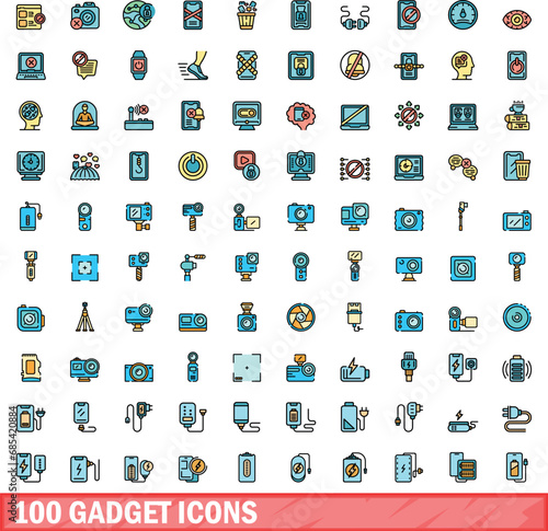100 gadget icons set. Color line set of gadget vector icons thin line color flat on white