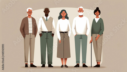 People of different nationalities and ages standing together illustration. photo