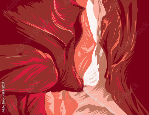 WPA poster art of Navajo Upper Antelope Canyon within Lake Powell Navajo Tribal Park east of Lechee, Arizona USA done in works project administration or federal art project style.
