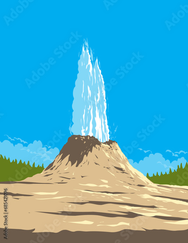 WPA poster art of Castle Geyser in the Upper Geyser Basin of Yellowstone National Park in Wyoming USA done in works project administration or federal art project style.
