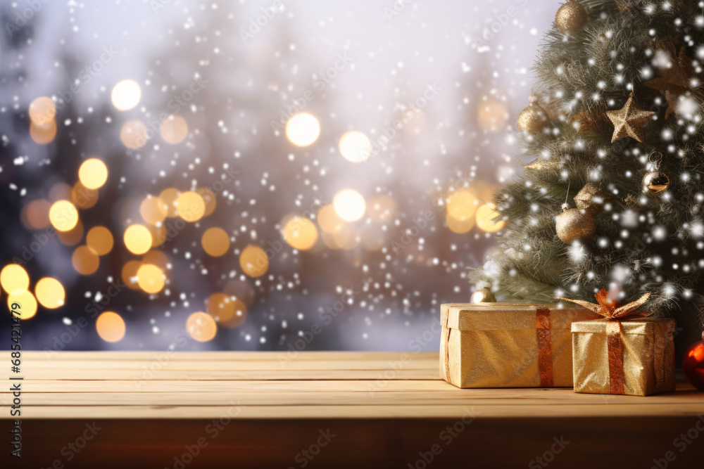 Gift boxes on wooden table over bokeh lights background, against snowy cityscape or christmas tree. Christmas and New Year concept. Product placement concept. created with Generative AI