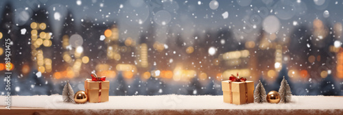 Gift boxes on wooden table over bokeh lights background, against snowy cityscape or christmas tree. Christmas and New Year concept. Product placement concept. created with Generative AI