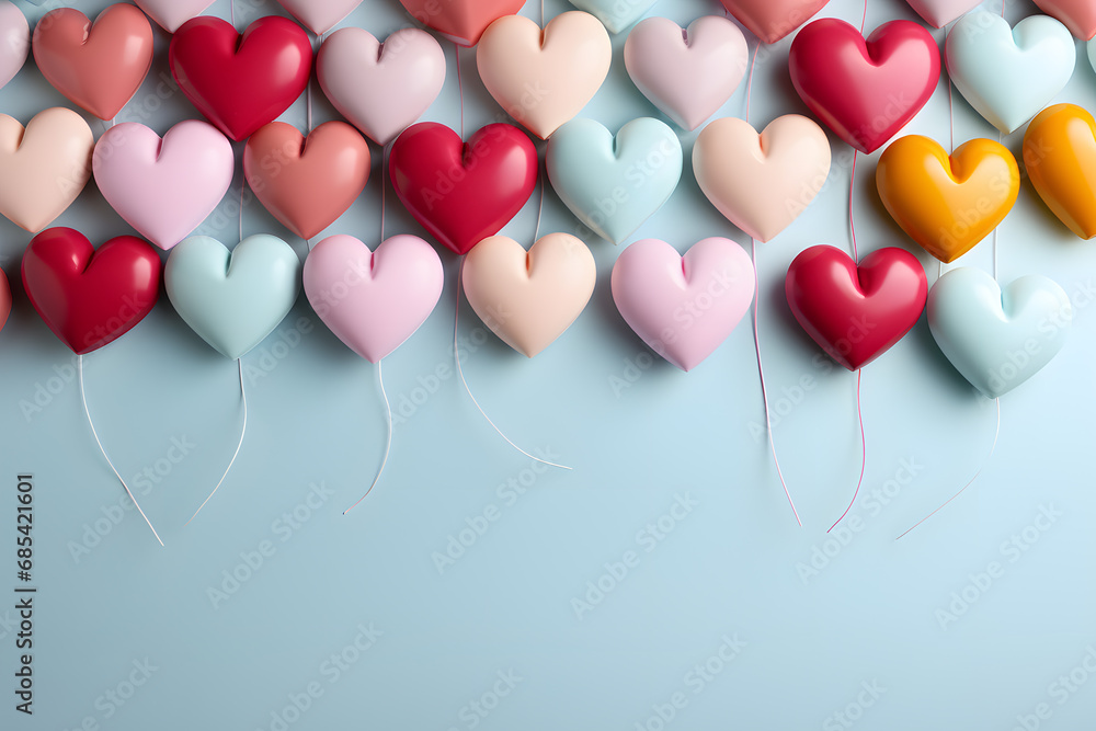 Background with heart shaped balloons. E-commerce. Mother's Day and Valentine's concept. Romantic background. Cute background for babies theme. Copy space.