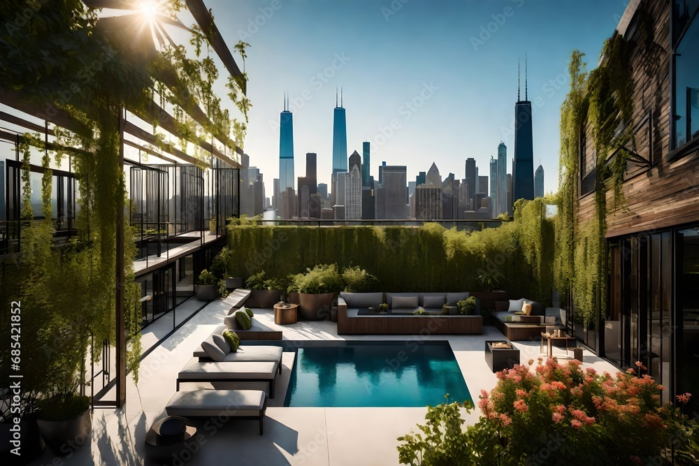 architectural rooftop design, chicago, relaxing vibe, nature, wide ...
