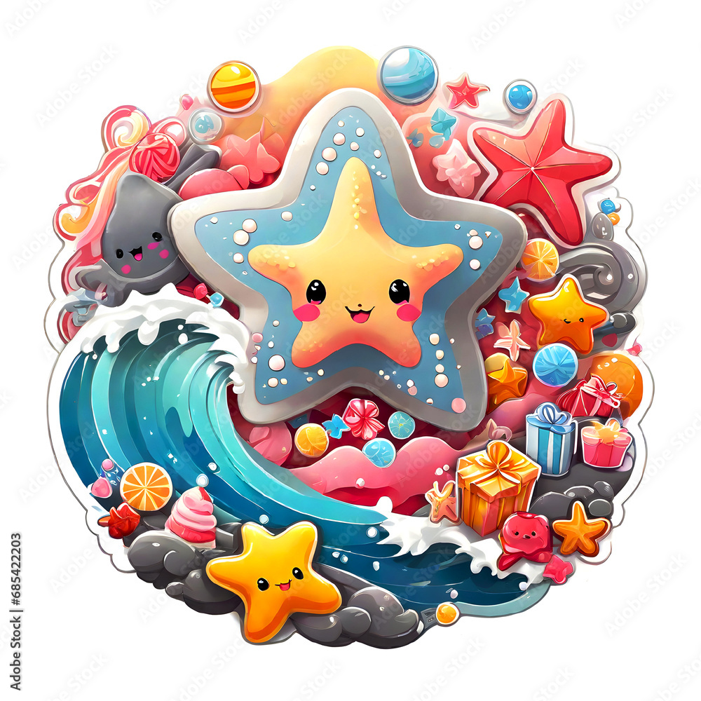 Sticker isolated cute cartoon starfish on nature background  and with gift boxes.. Transparent background. Generative AI