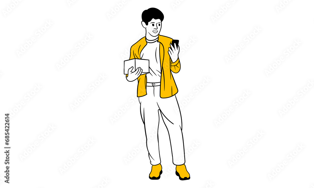 Handsome man holding box and using smartphone Handsome man holding box and using smartphone