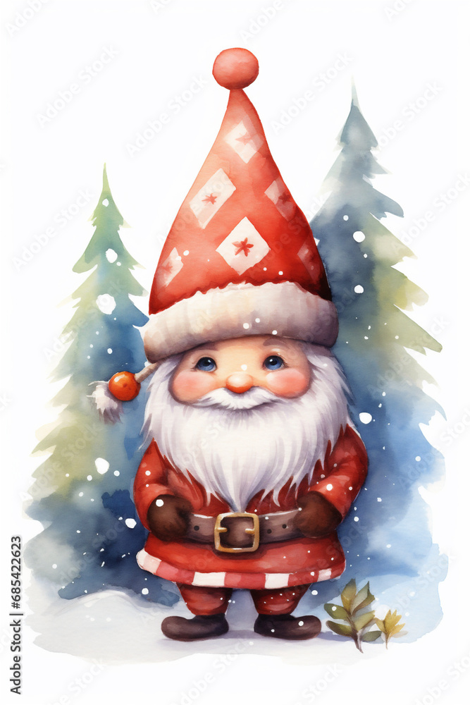Obraz premium Watercolor Painting, Cute Christmas Gnome, Generative AI