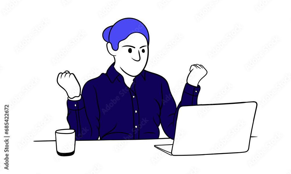 Woman sitting at the desk, using laptop and showing winning gesture. Office worker, student or freelancer, remote working, solution, business idea concept.