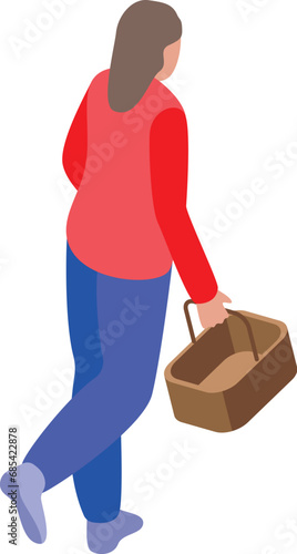 Woman with basket icon isometric vector. Happy female. Woman picking mushrooms