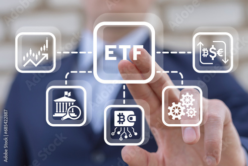 Exchange-traded fund concept. Invest in shares market ETF. Business analysis of data trend. Investing in international funds. Buying strategic ETF. Exchange traded fund stock market trading investment