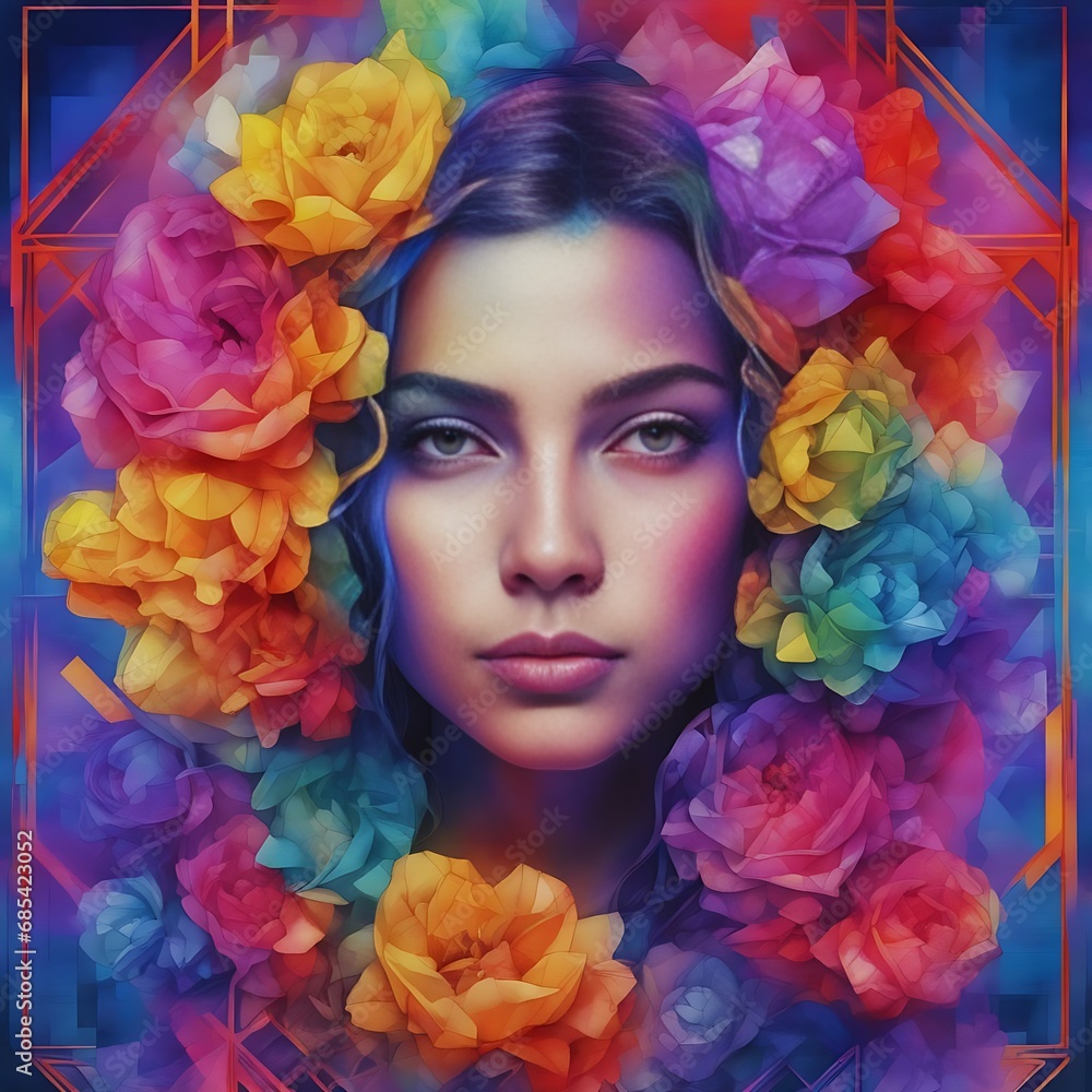a girl with colorful hair and flowers on her head. Generative AI