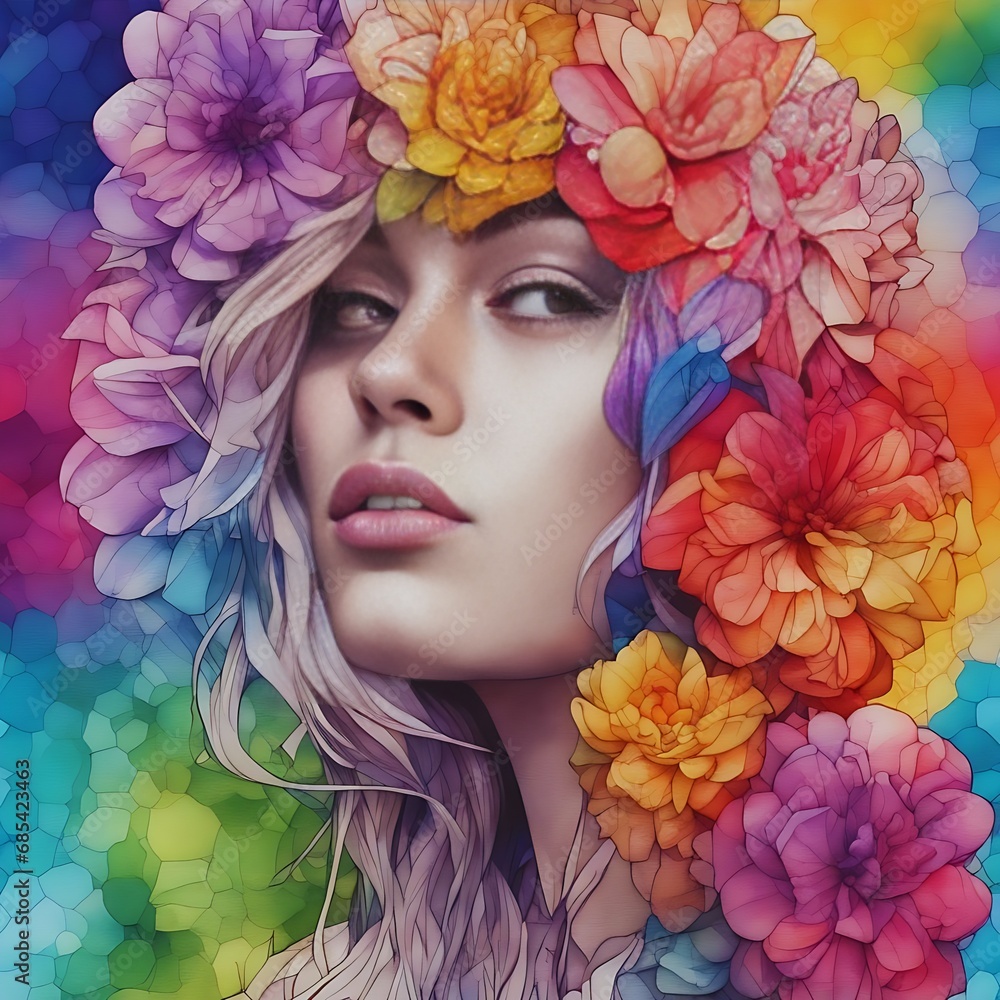 Portrait of a woman with rainbow flowers in her hair. Generative AI