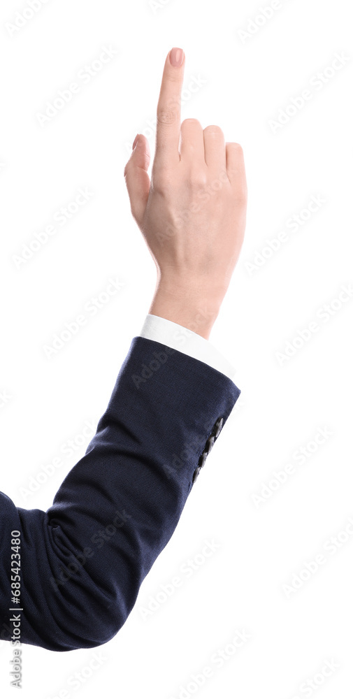 Woman pointing with index finger on white background, closeup