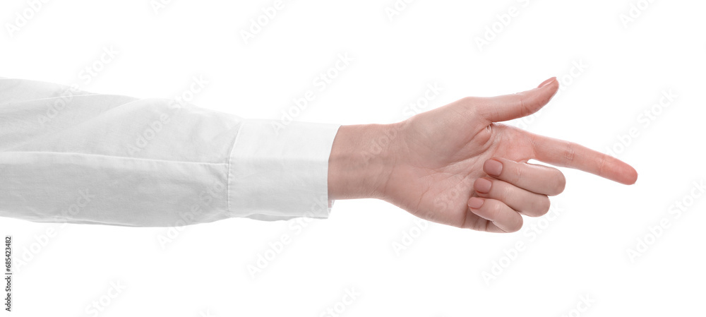 Woman pointing with index finger on white background, closeup Woman pointing with index finger on white background, closeup