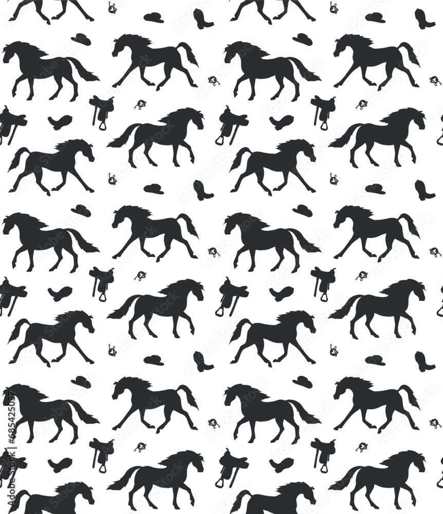 Vector seamless pattern of hand drawn western horse silhouette isolated on white background