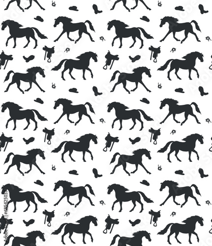 Vector seamless pattern of hand drawn western horse silhouette isolated on white background