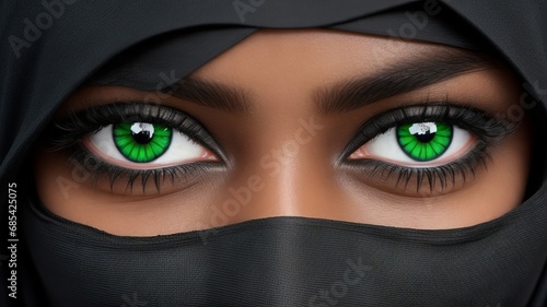 Mulher morena de burca preta, visível apenas os olhos verdes claros, gerado com ia photo