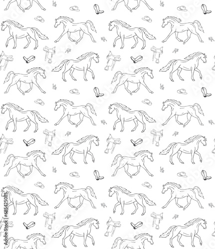 Vector seamless pattern of hand drawn sketch doodle western horse isolated on white background