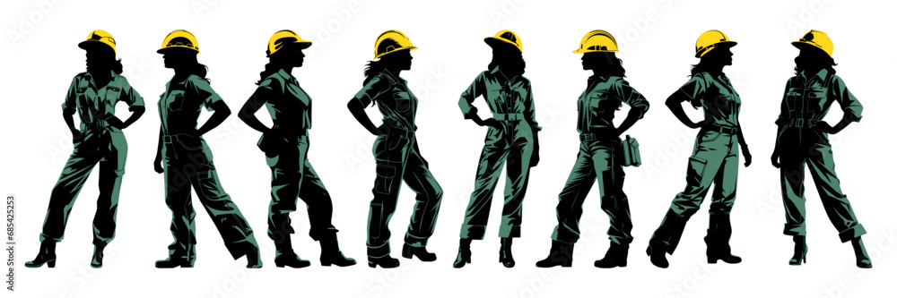 Fototapeta premium Female construction worker with helmet and work overall. Set of working woman in different poses and color options. Silhouette of female workers in uniform. Vector illustration isolated on white