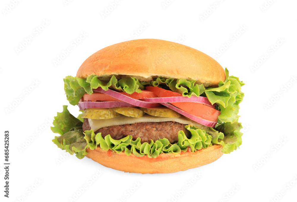 One tasty burger with vegetables, patty and lettuce isolated on white One tasty burger with vegetables, patty and lettuce isolated on white