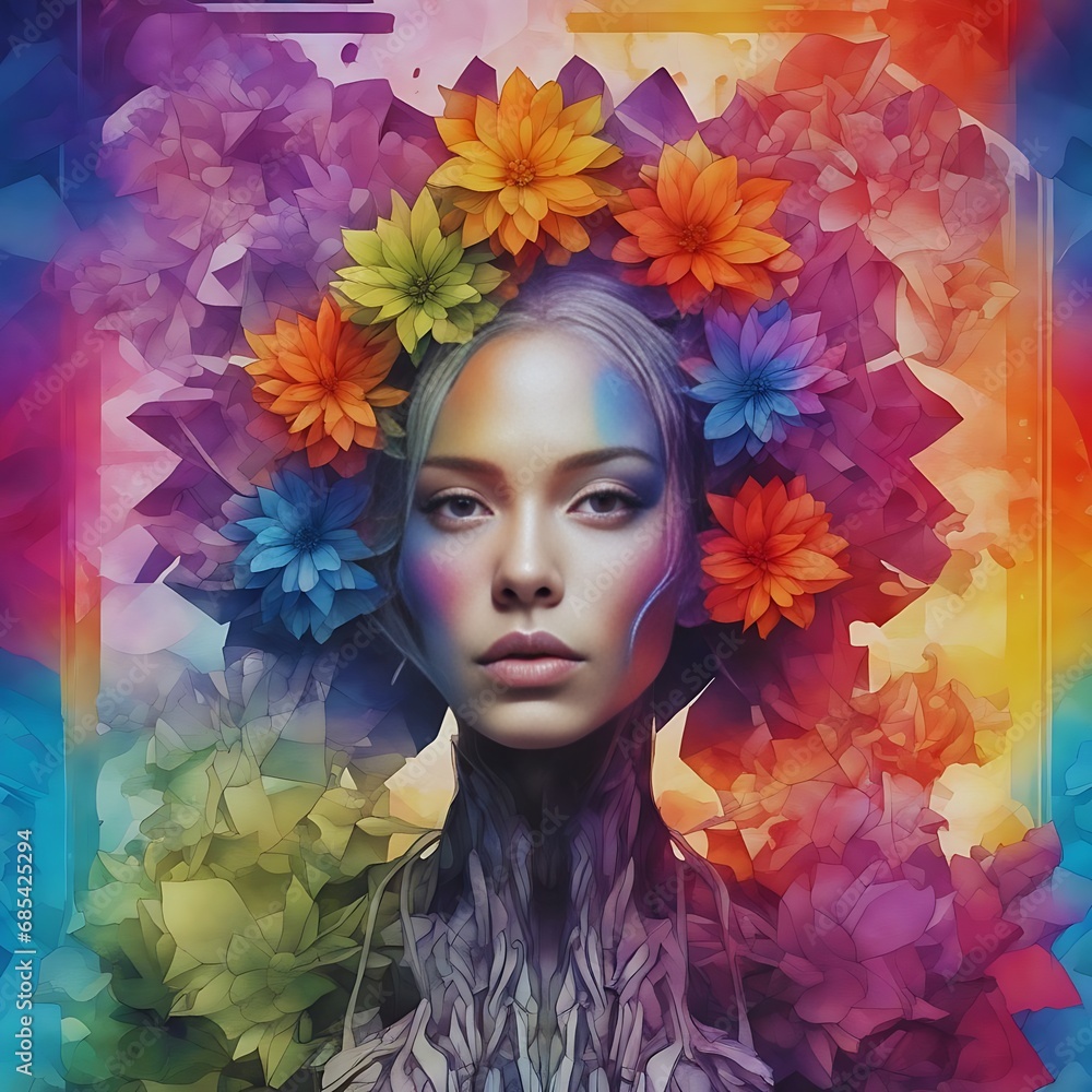 Portrait of a beautiful woman with multicolored gradient rainbow flowers around her head. Generative AI