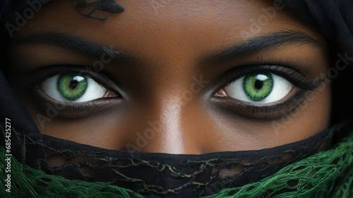 Mulher jovem morena de burca preta, visível apenas os olhos verdes claros, gerado com ia photo