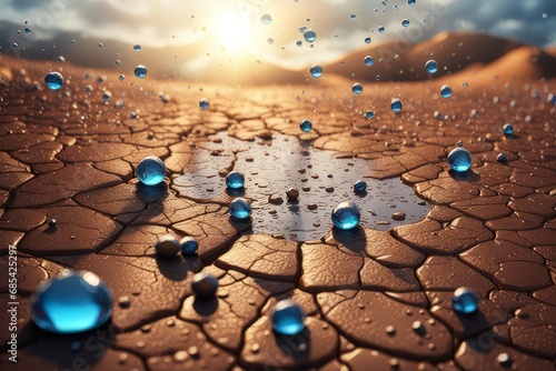 Gotas de água caindo em solo árido, gerado com ia photo