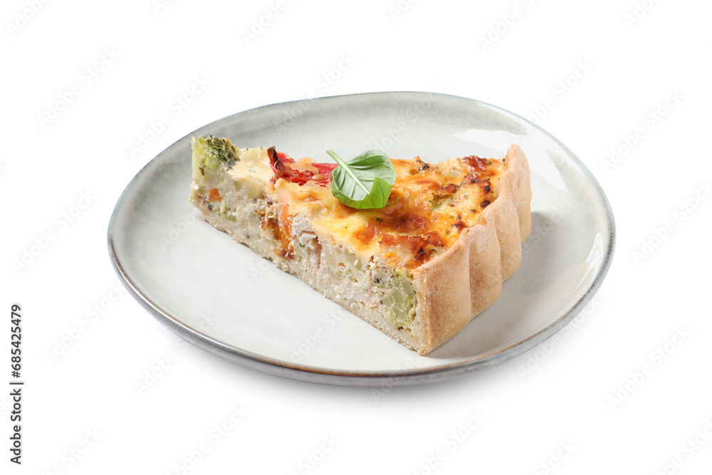 Tasty quiche with chicken, cheese, basil and vegetables isolated on white