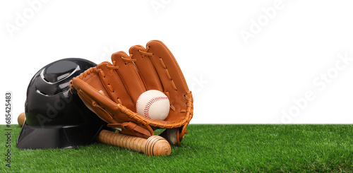 Photography Baseball bat, ball, batting helmet and glove on artificial grass against white b