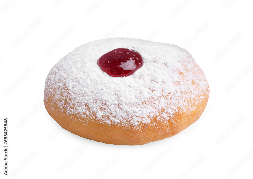 Hanukkah donut with jelly and powdered sugar isolated on white Hanukkah donut with jelly and powdered sugar isolated on white