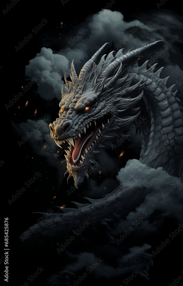 Realistic dragon on dark cloud background. Realistic illustration. Realistic dragon on dark cloud background. Realistic illustration.