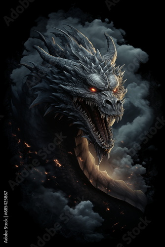 Realistic dragon on dark cloud background. Realistic illustration. © dhimage