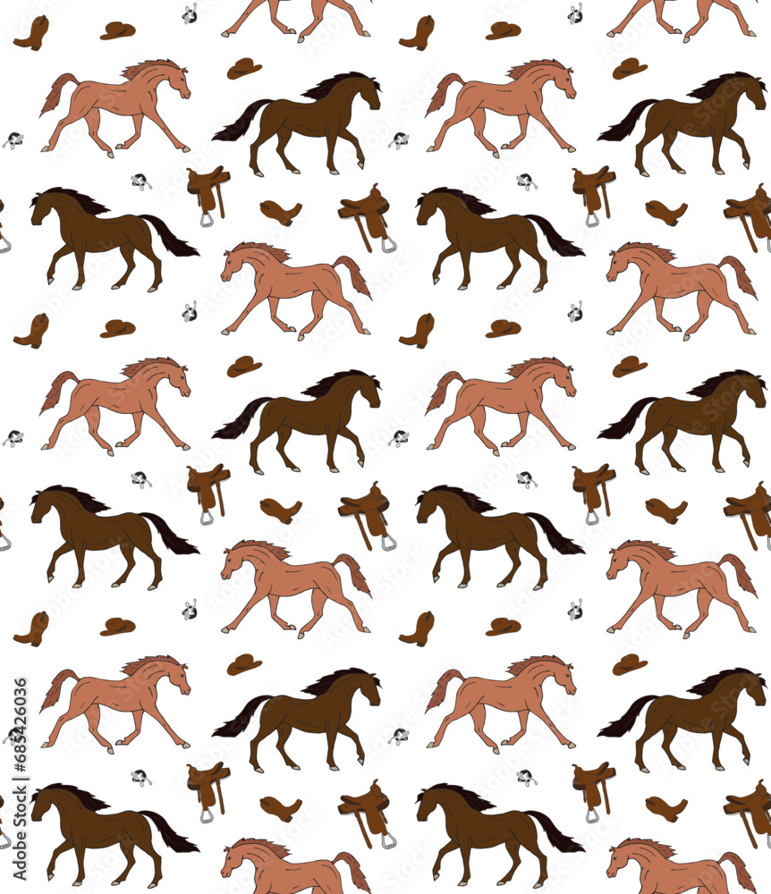 Obraz premium Vector seamless pattern of hand drawn sketch doodle colored western horse isolated on white background